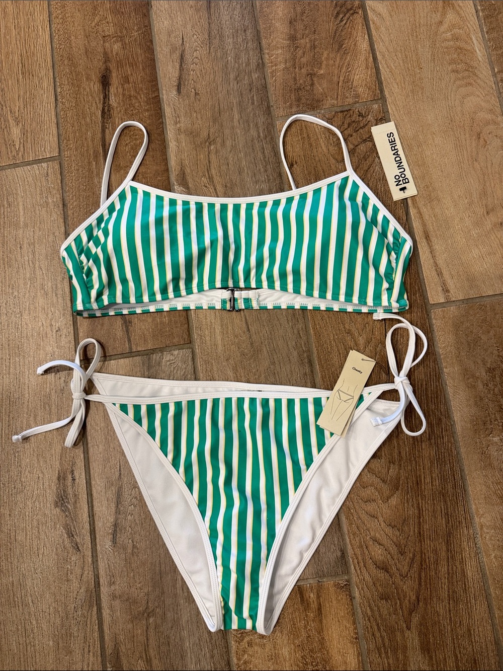 No Boundaries Green and White Striped Bikini Set